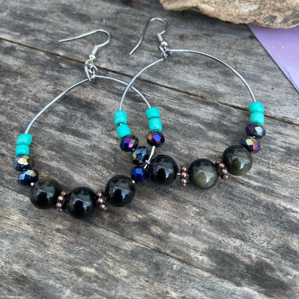 Wire Wrapped Gold Sheen Obsidian Gemstone Hoop Earrings - Picture 5 of 14